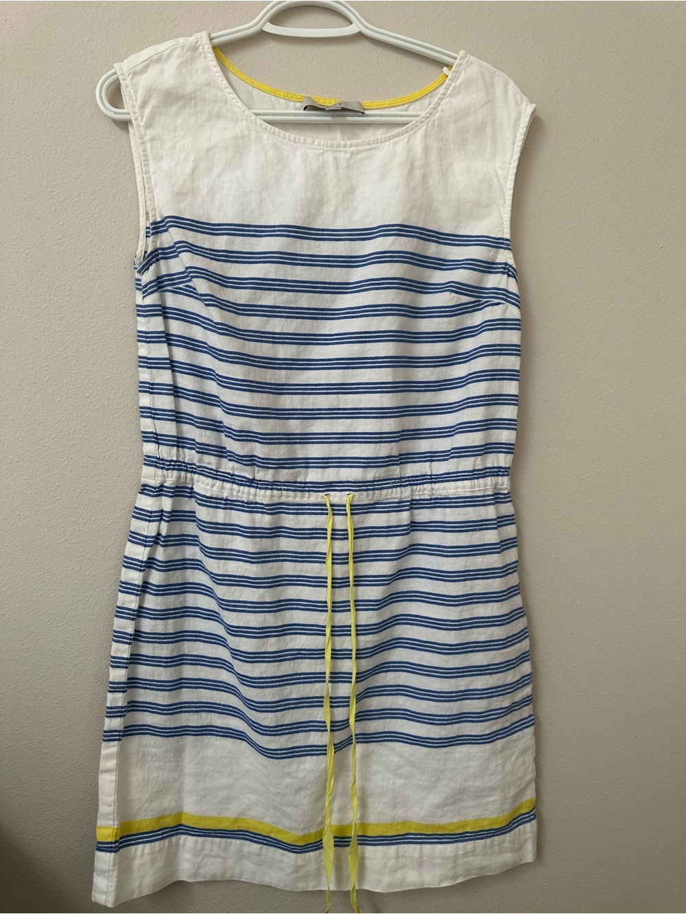 Ann Taylor LOFT White Dress with Blue Stripes and Yellow Drawstring